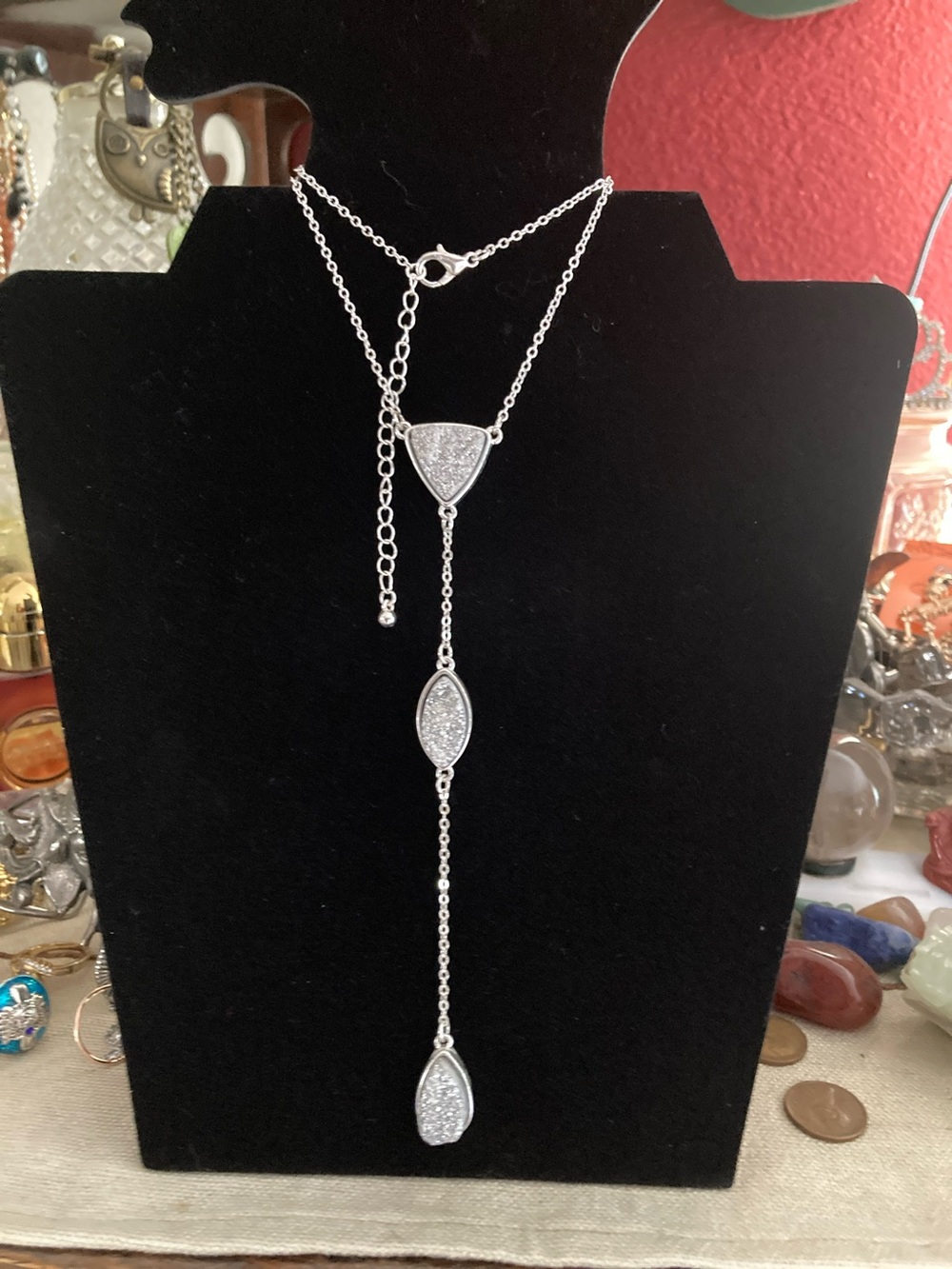 Silver Sparkle Druzy Drop Lariat Necklace - Women Jewelry